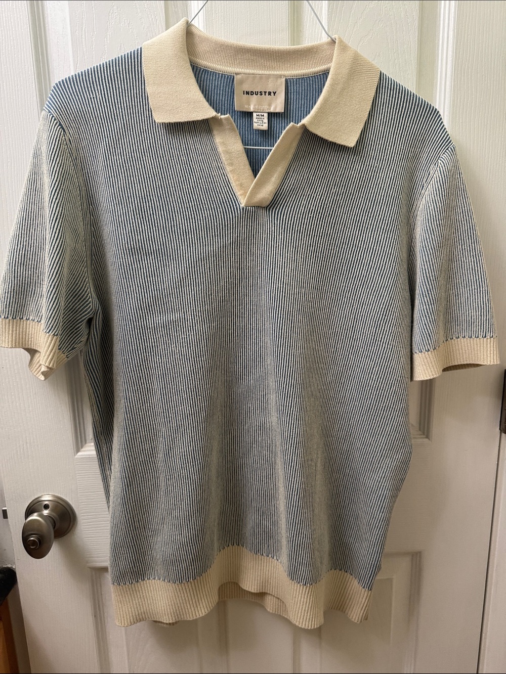 Industry Short-Sleeve Striped Polo in Blue and Cream